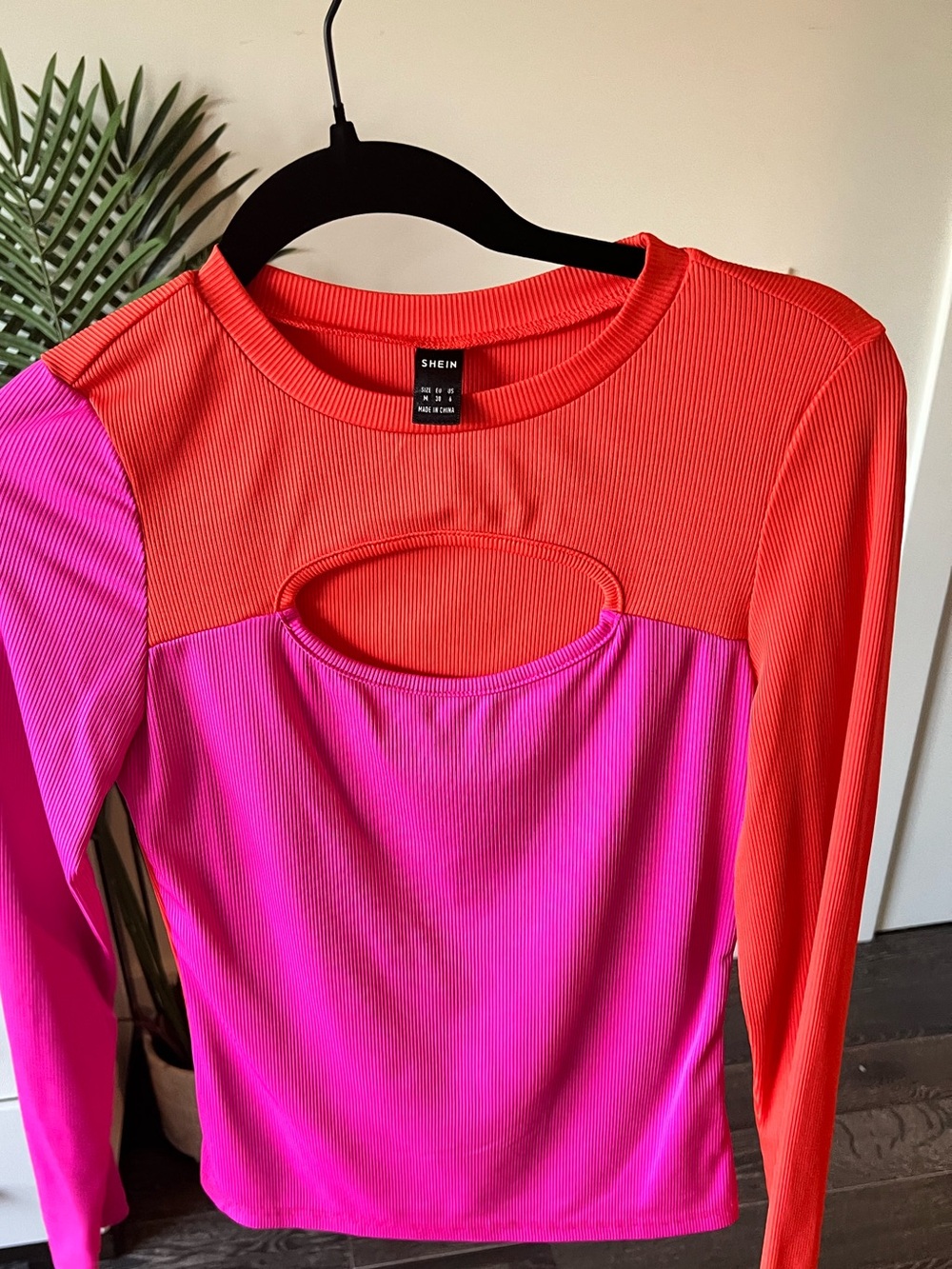 SHEIN Pink & Red Colorblock Long Sleeve Cutout Top